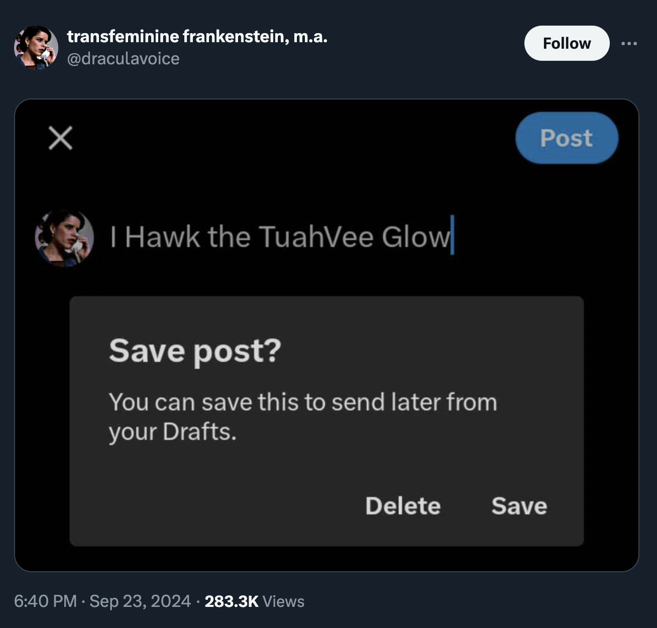 screenshot - transfeminine frankenstein, m.a. I Hawk the TuahVee Glow Save post? You can save this to send later from your Drafts. Views Delete Save Post